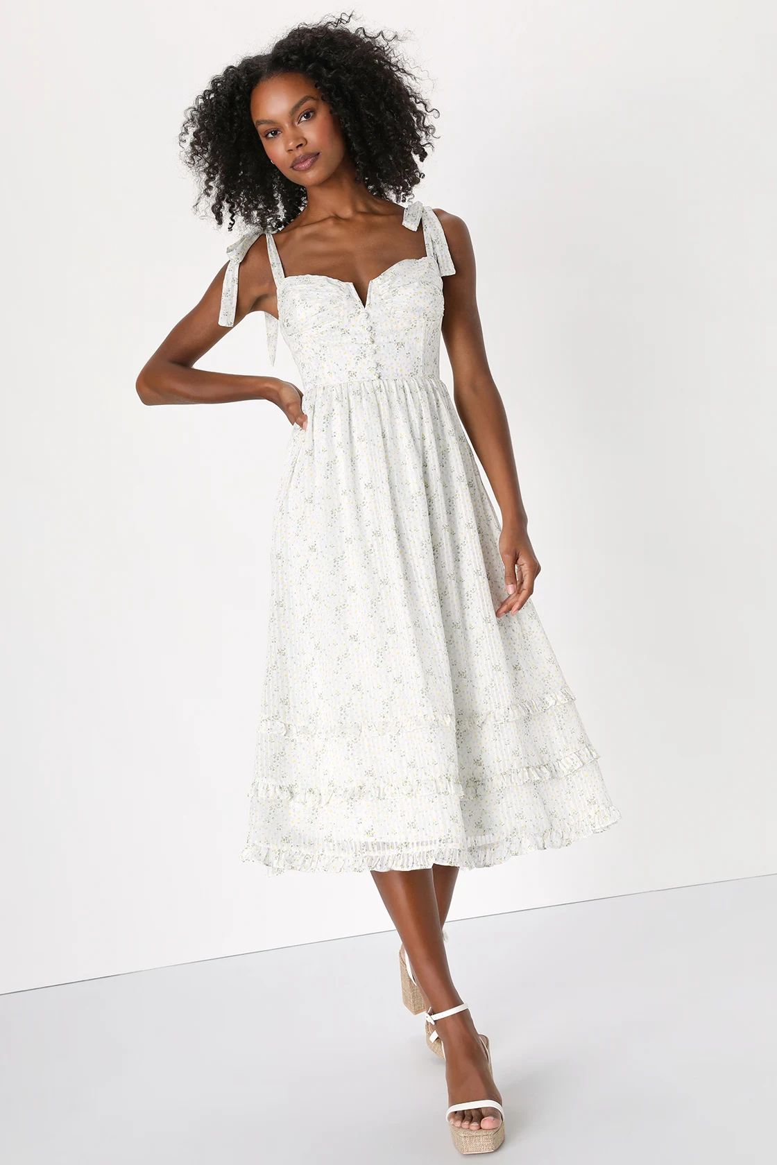 Lovely Entrance Ivory Floral Tiered Tie-Strap Bustier Midi Dress | Lulus (US)