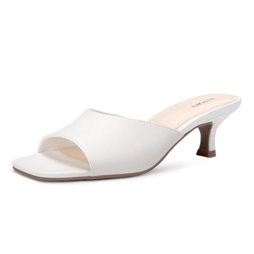 FITORY Womens Kitten Heel Sandals, Square Open Toe Slides with Elastic Strap, Slip-on Dressy Shoes for Daily and Vacation White Size 7 | Amazon (US)