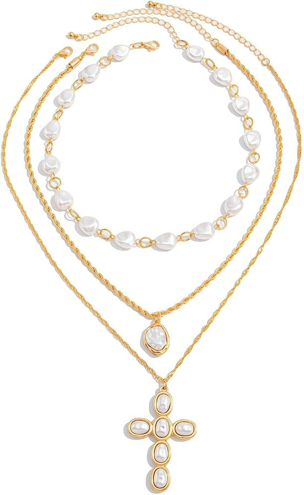 Big Pearl Cross Necklace for Women Chunky Gold Silver Chain with Pearl Layered Stacked Cross Pend... | Amazon (US)