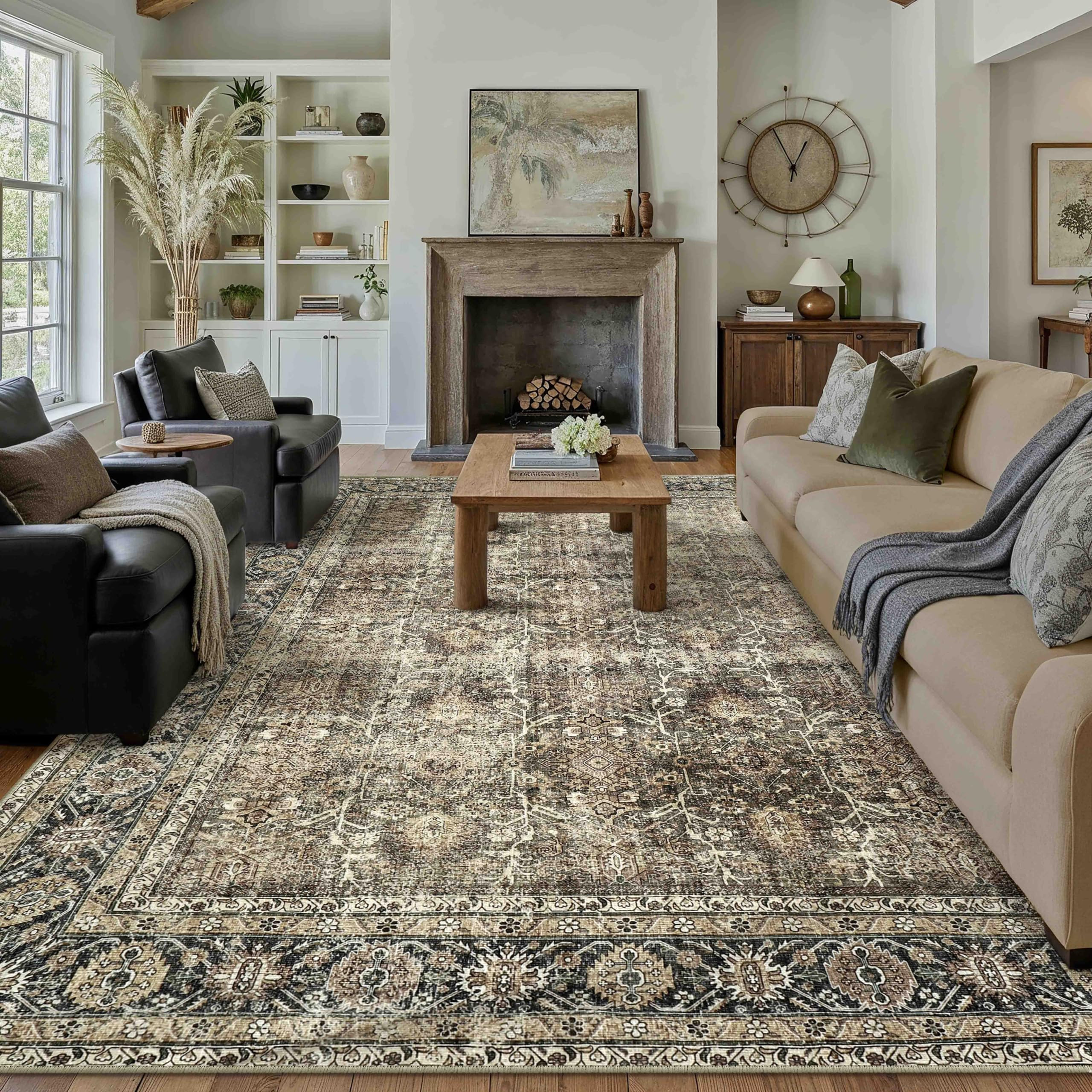 Vintage Area Rug 10x14 Brown Washable Living Room Large Carpet Non Slip Bedroom Indoor Office Low... | Amazon (US)