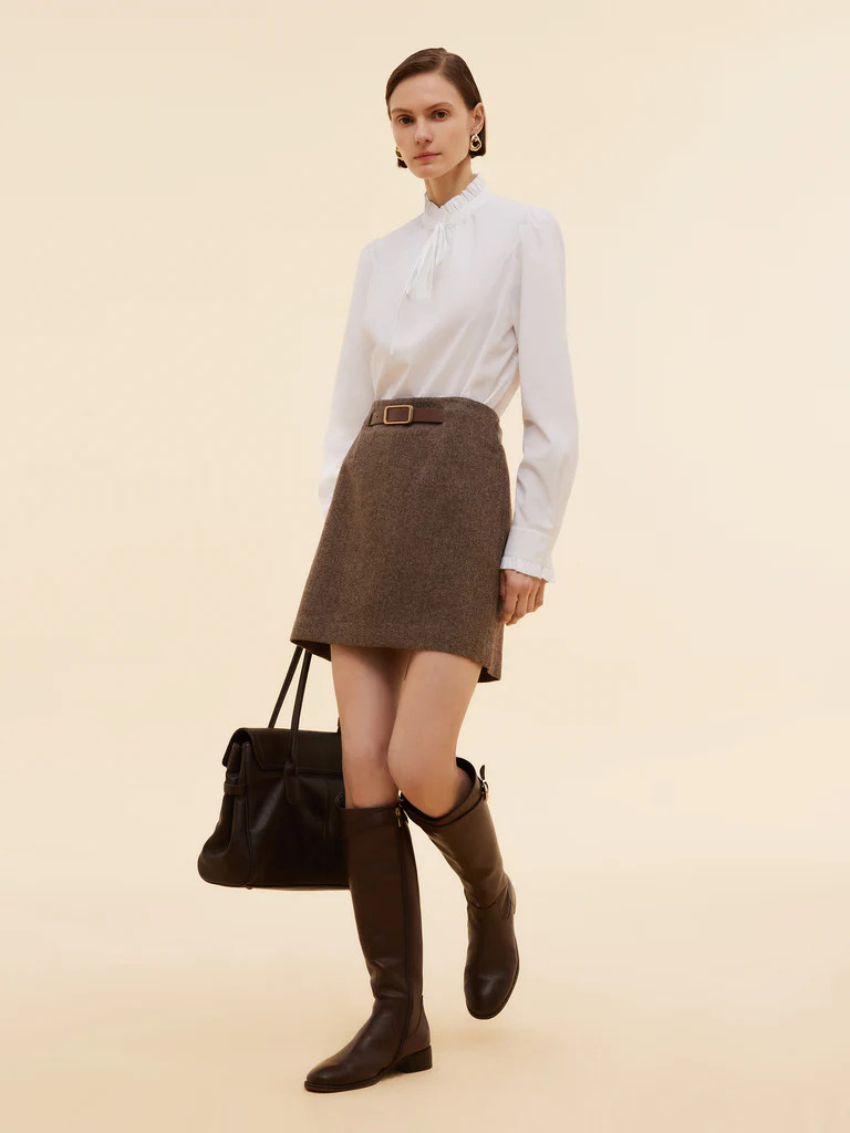 [Preview] 100% Washable Wool Women A-Line Skirt With Leather Belt | GOELIA