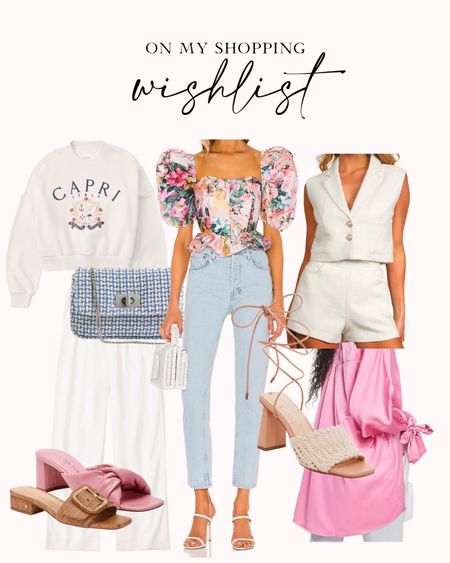 On my shopping wishlist 💓 a cute printed crew neck, a blue tweed crossbody, a floral puff sleeve crop top, a tweed vest and shorts set, a satin pink collared shirt with bow details, pink heels, beige tie heels, and brown rattan heels. 

#LTKunder50 #LTKunder100 #LTKSeasonal