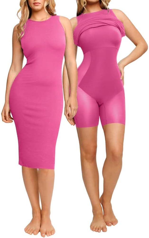 Popilush Shaper Dress Built-in Shapewear Bra 9 in 1 Crew Neck Casual Summer Midi Bodycon Dresses ... | Amazon (US)