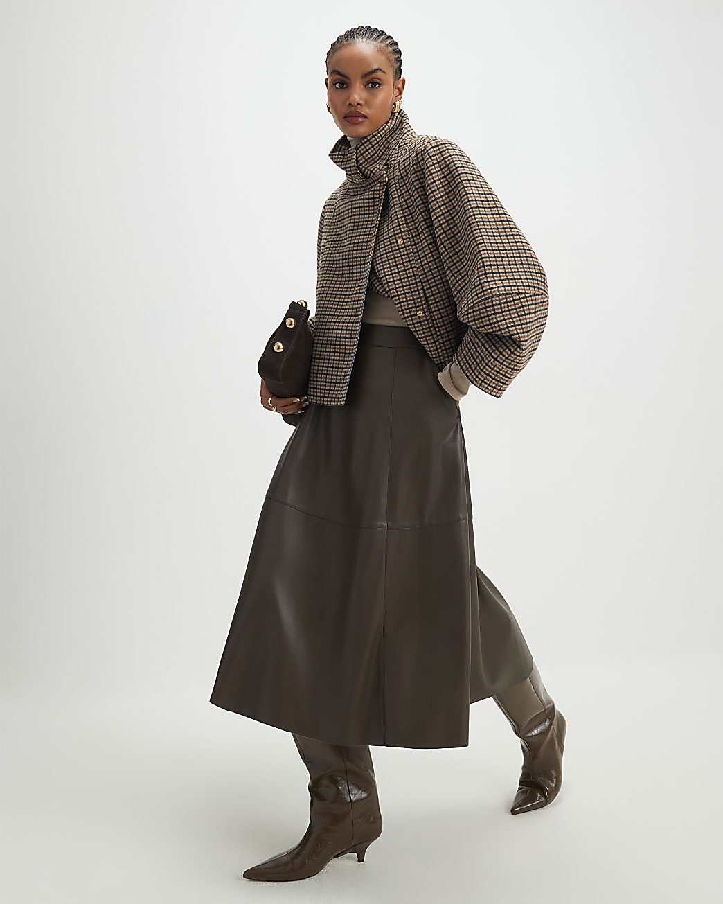 Brown Faux Leather Midi Skirt | River Island UK & IE