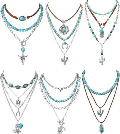 6 Pcs Western Jewelry For Women Silver And Turquoise Jewelry For Women Silver Plated Beaded Heart Choker Boho Teal Necklaces2025 | SHEIN