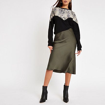 Womens Khaki satin midi skirt | River Island (UK & IE)