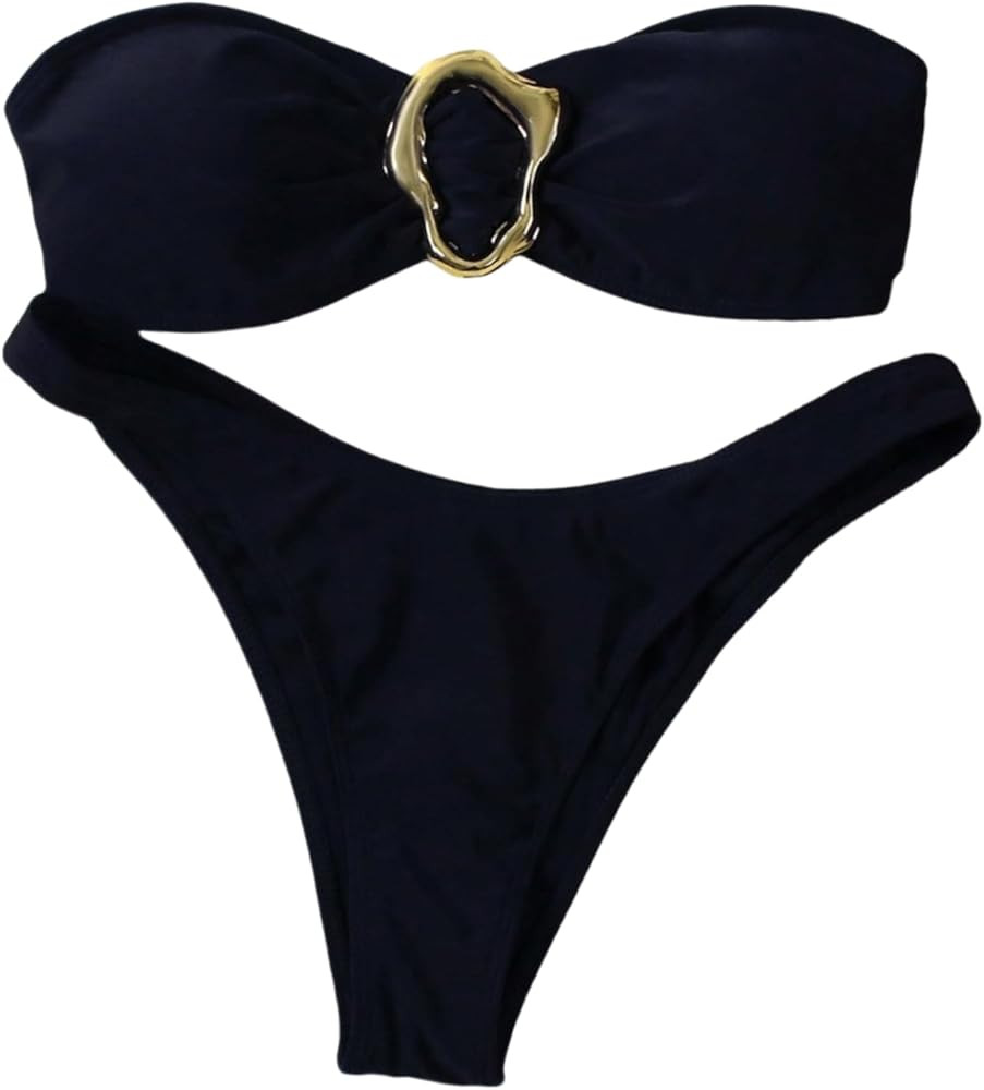 SHENHE Women's 2 Piece Strapless Swimsuits High Cut Metal Ring Tube Top Bandeau Bikini Set | Amazon (US)