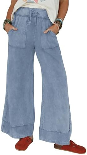 Athlisan Womens Casual Wide Leg Sweatpants Acid Wash Elastic Waisted Palazzo Pants Trousers with ... | Amazon (US)