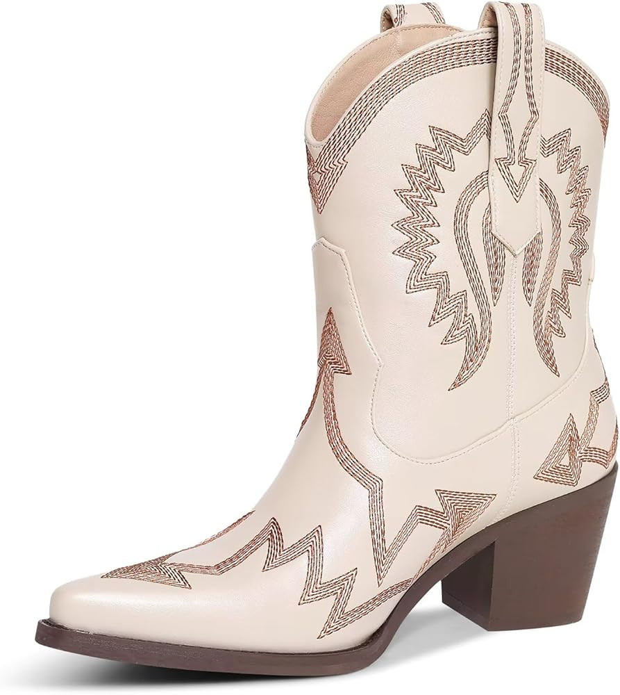 Western Boots for Women Metallic Embroidered Pointed Toe Cowgirl Boots Chunky Heel Pull-On Short ... | Amazon (US)