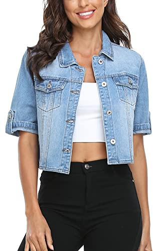 MISS MOLY Women's Cropped Denim Jackets Summer Short Sleeve Classic Casual Jean Jackets Mid Blue M | Amazon (US)
