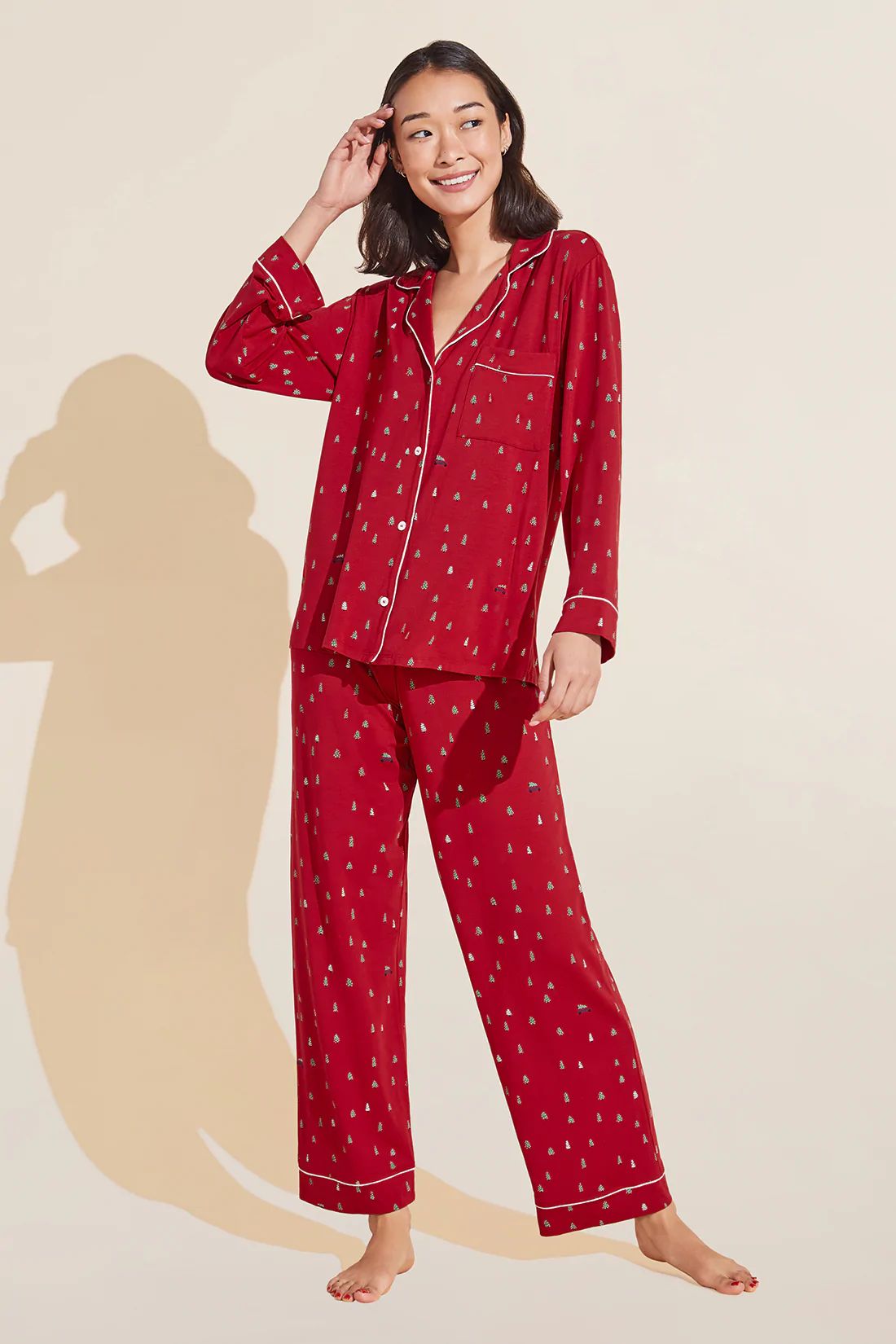 Gisele Printed TENCEL™ Modal Long PJ Set - Holiday Car Haute Red/Ivory - Eberjey | Eberjey