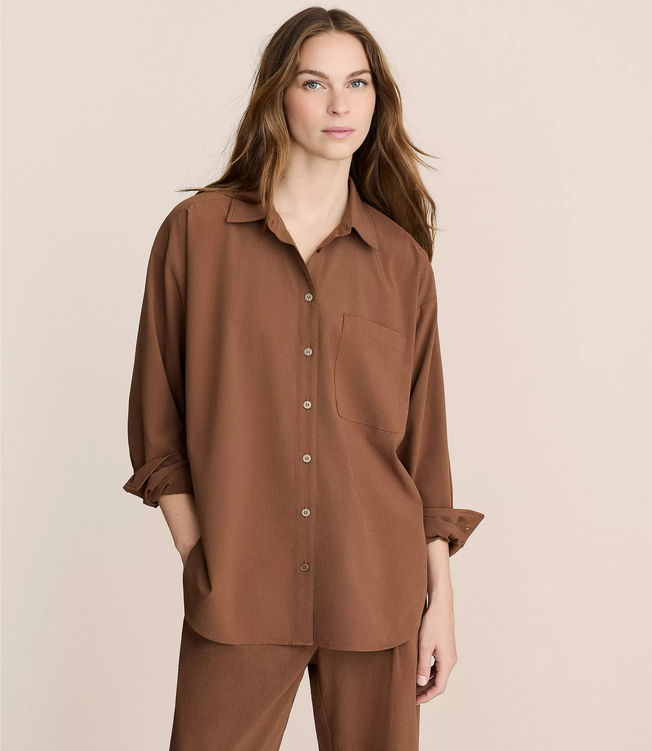 Lou & Grey Seersucker Wanderweave Oversized Pocket Shirt | LOFT