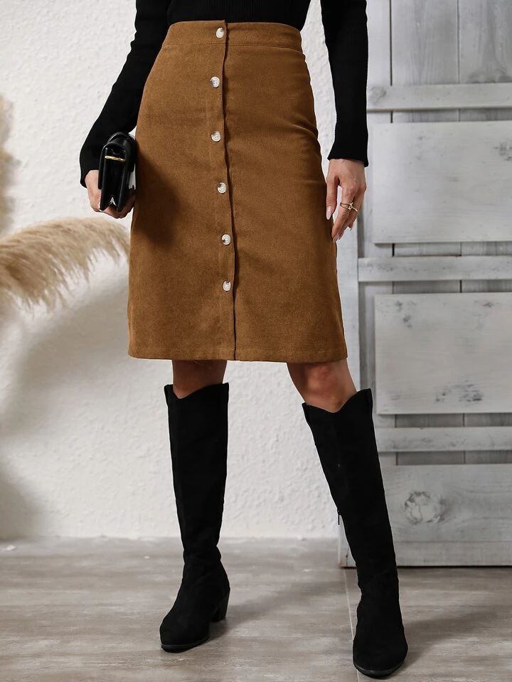 High Waist Button Front Corduroy Skirt | SHEIN