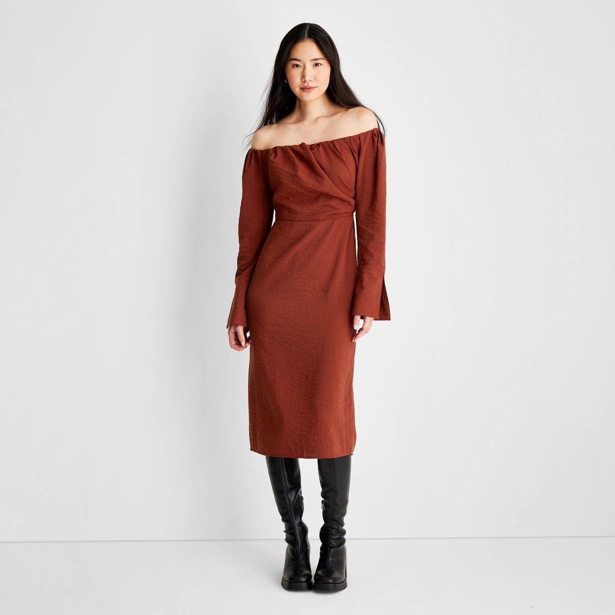 Women's Off the Shoulder Long Sleeve Midi Dress - Future Collective™ with Reese Blutstein Rust ... | Target
