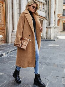 Lapel Collar Double Button Teddy Coat | SHEIN