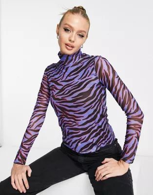 Vero Moda mesh high neck top in purple zebra | ASOS (Global)