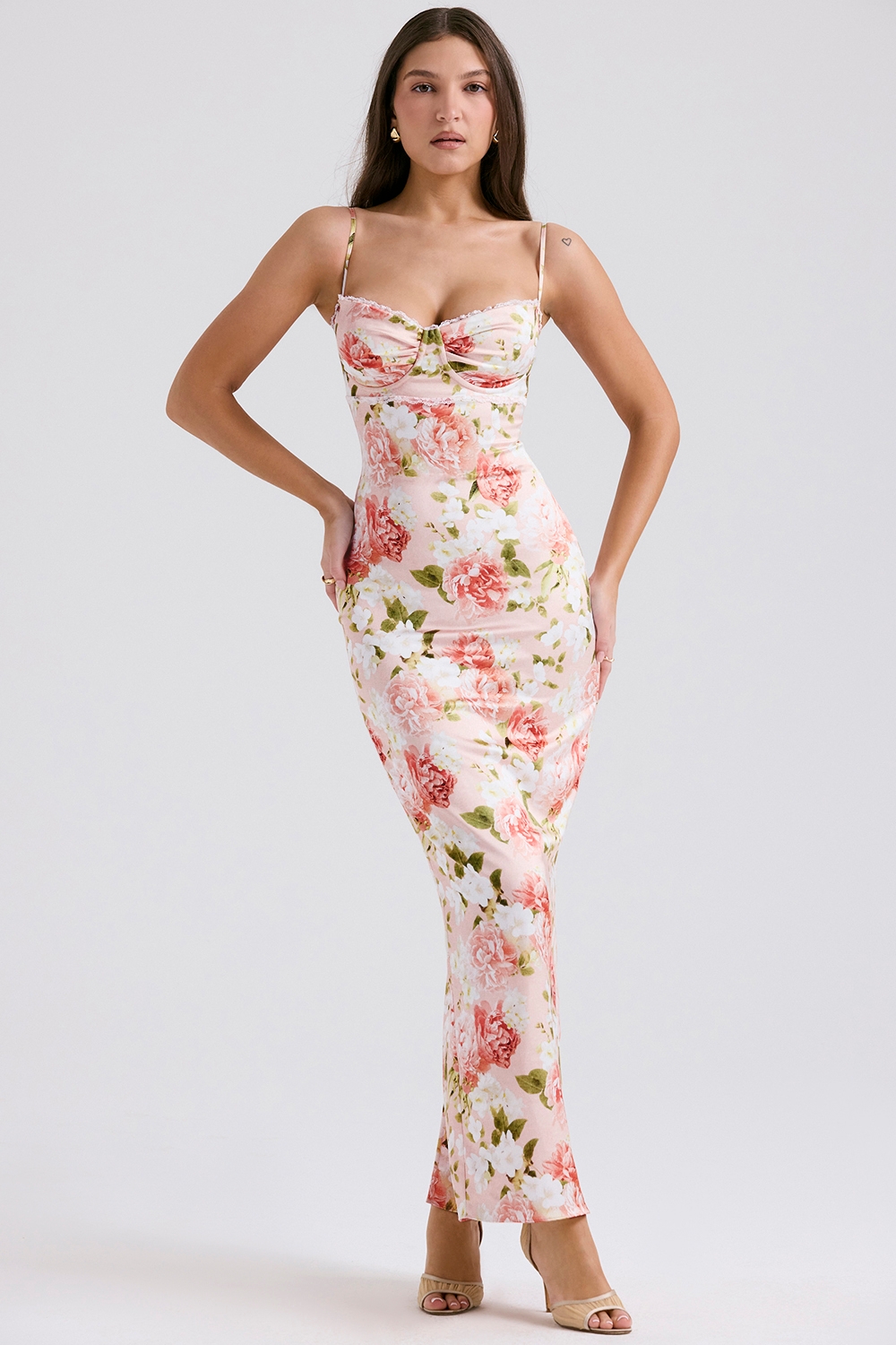 pink peony print satin maxi dress | House of CB
