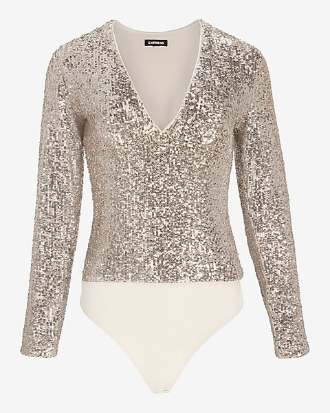 Sequin Deep V-Neck Thong Bodysuit | Express