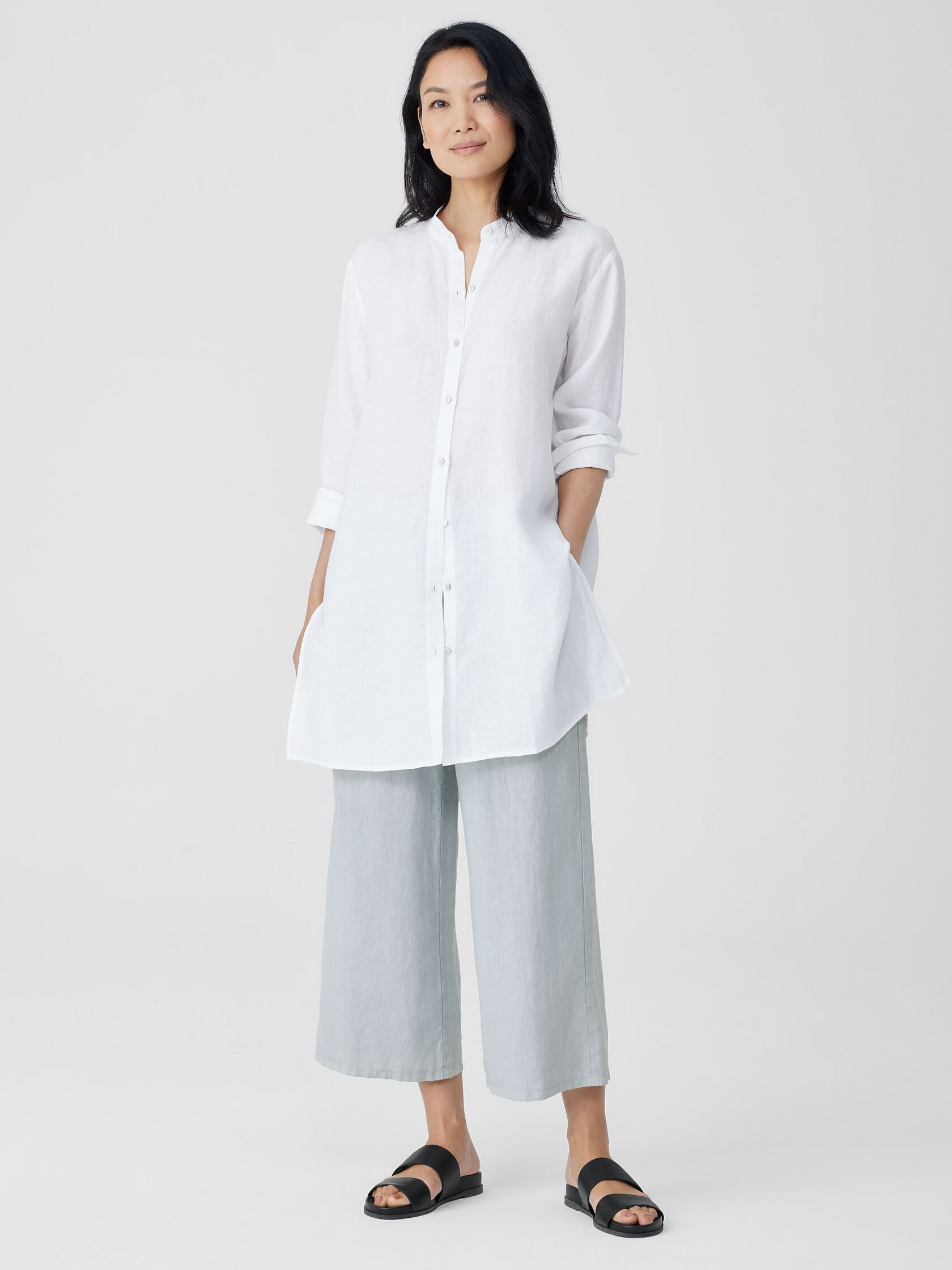 Handkerchief Linen Mandarin Collar Long Shirt | Eileen Fisher