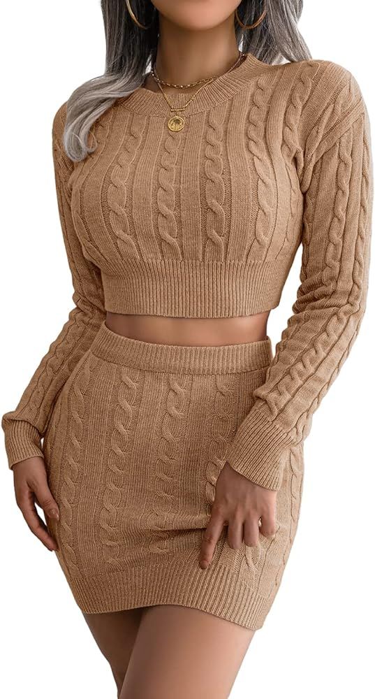 Women's Autumn Knitted 2 Piece Outfits Long Sleeve V Neck Sweater Top & Tank Mini Skirt Set | Amazon (US)