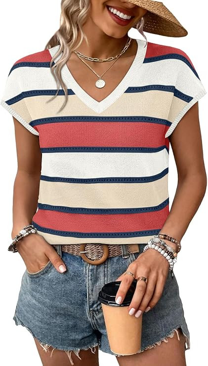 WIHOLL Short Sleeve Sweater for Women V Neck Trendy Summer Tops 2026 Spring Fashion Clothing Busi... | Amazon (US)