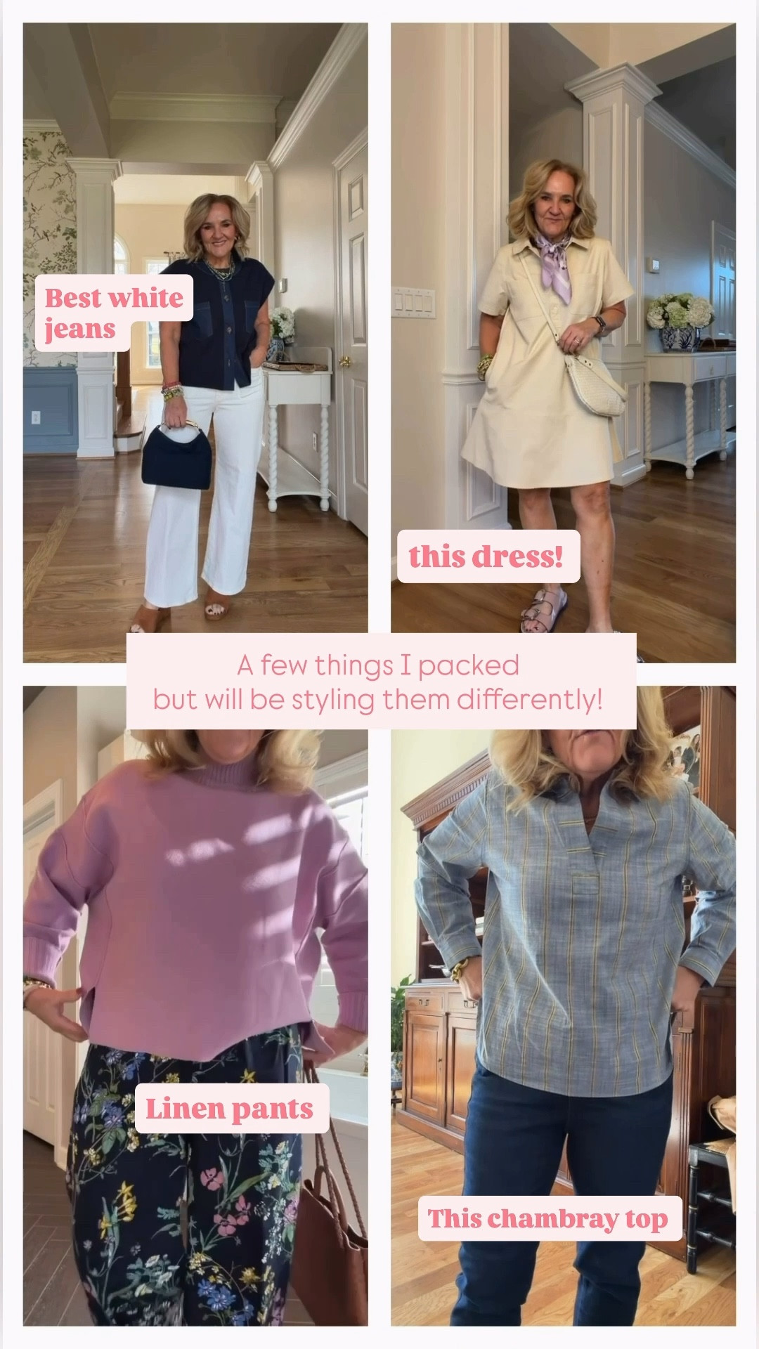 White jeans size 29 short going to wear them with the Walmart yellow top and plays blazer 
Similar denim trimmed vest size medium 
Ecru canvas dress size medium going to wear a block heel 
Linen pants size small going to wear with a white tee and blue Talbots sweater over my shoulders 
Turtleneck size medium 
Chambray blouse size 1.0 will wear with a new linen pant in natural color 
Skinny jeans size 1,0 but they’re too big size down 

Vacation outfits spring outfit 


#LTKTravel #LTKOver40 #LTKPetite