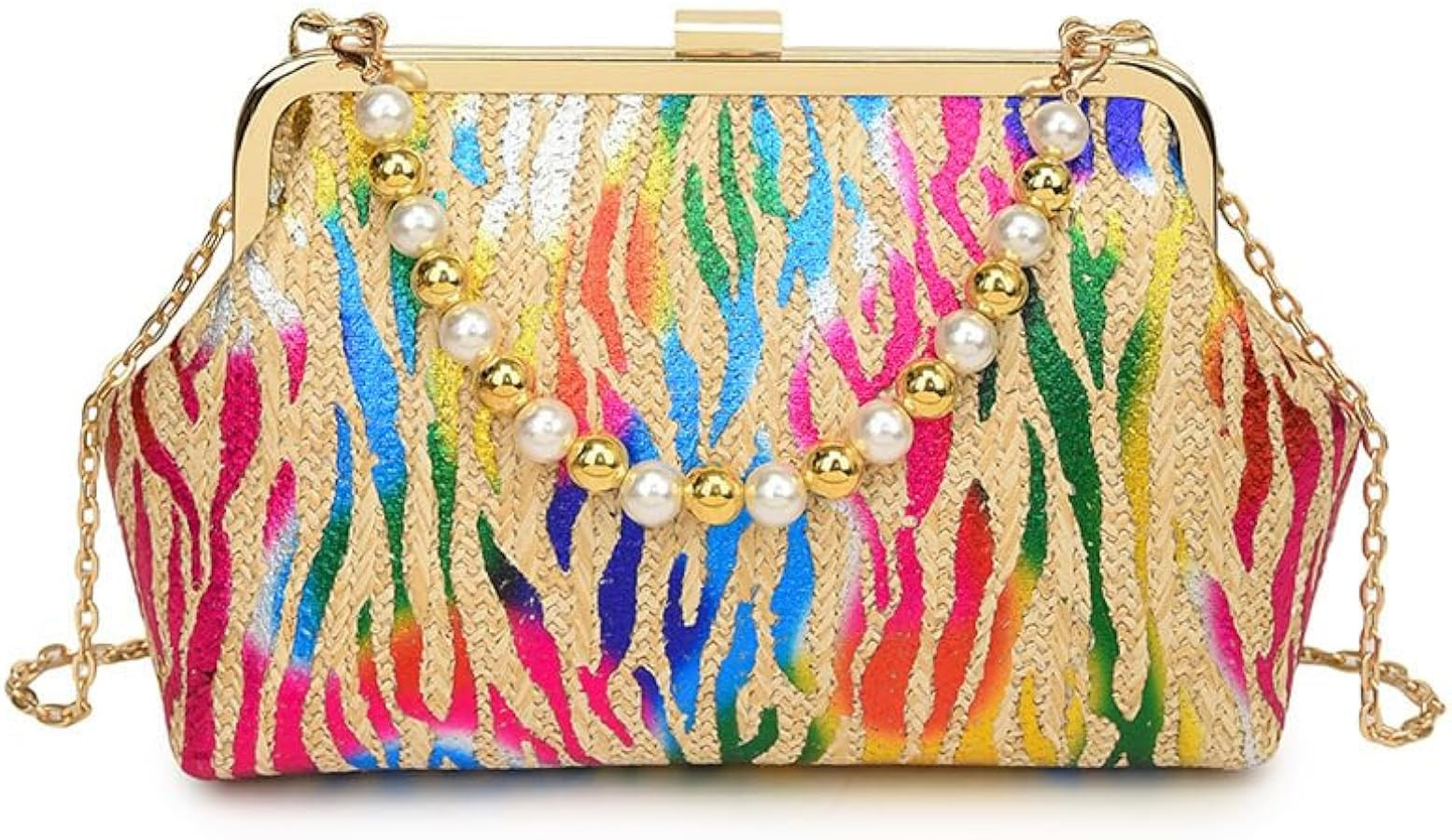 Woven Pearl Portable Shell Bag Striped Chain Shoulder Crossbody Bag | Amazon (US)