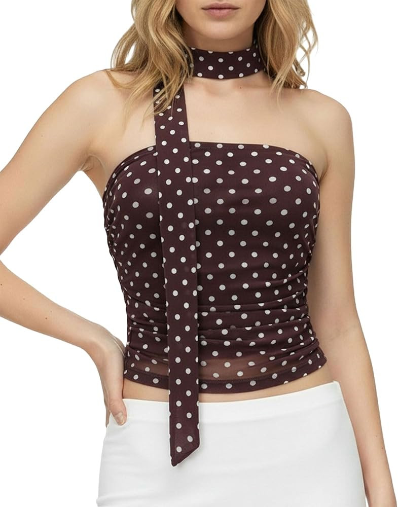 Baonmy Women Y2k Polka Dot Tube Top Ruched Strapless Mesh Bandeau Tops with Scarf Summer Going Ou... | Amazon (CA)
