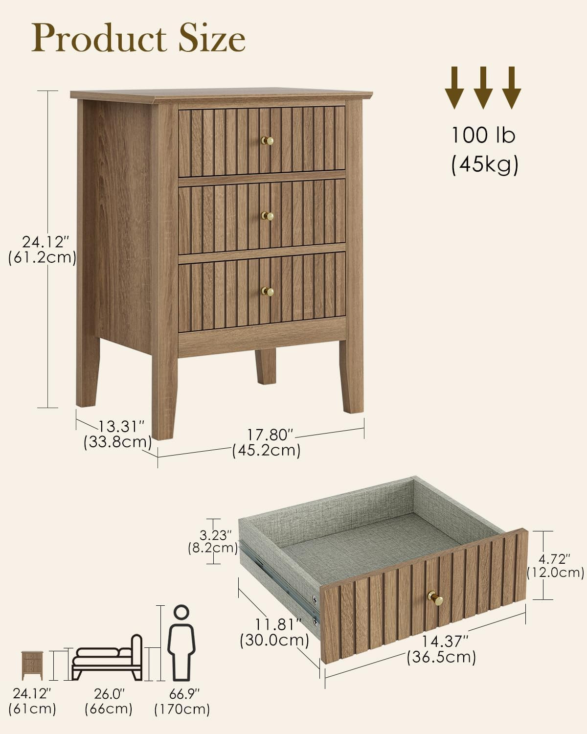 Fluted Nightstand, Farmhouse Night Stand with 3 Drawers, Mid Century Modern Side Accent Table,Bed... | Amazon (US)