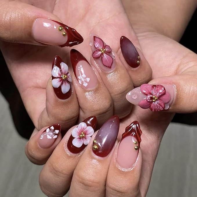 Press on Nails Medium Almond 3D Flower Design, YIHONGYAN Fake Nails Press ons Burgundy French Nai... | Amazon (US)