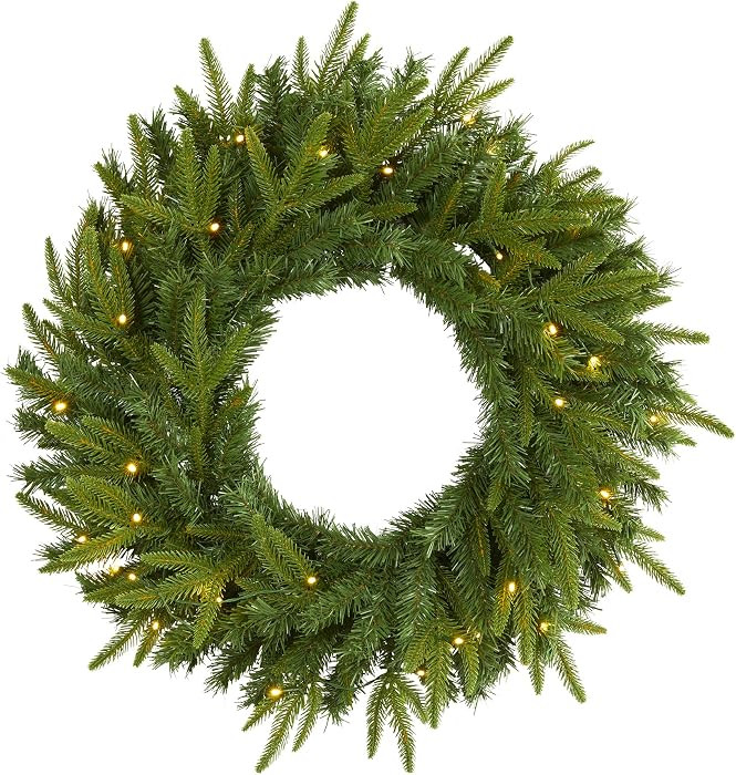 Nearly Natural 24 in Artificial Long Pine Wreath with 35 Clear LED Lights | Amazon (US)