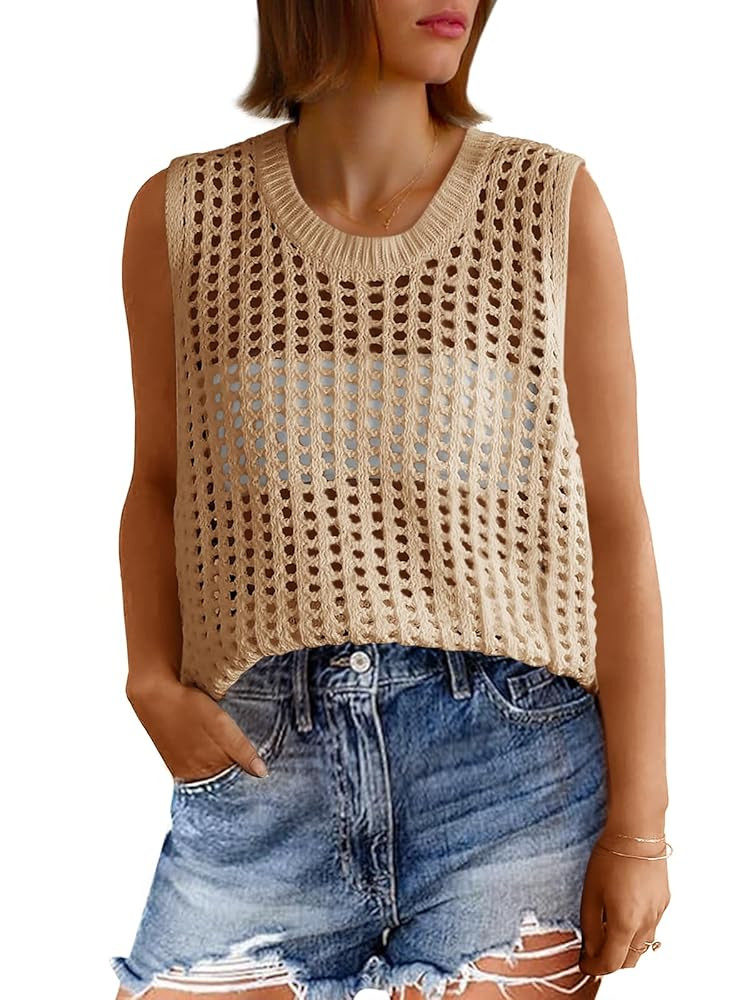 Fisoew Womens Summer Crochet Tank Tops Sleeveless Scoop Neck Loose Knit Sweater Vest Boho Hollow ... | Amazon (US)