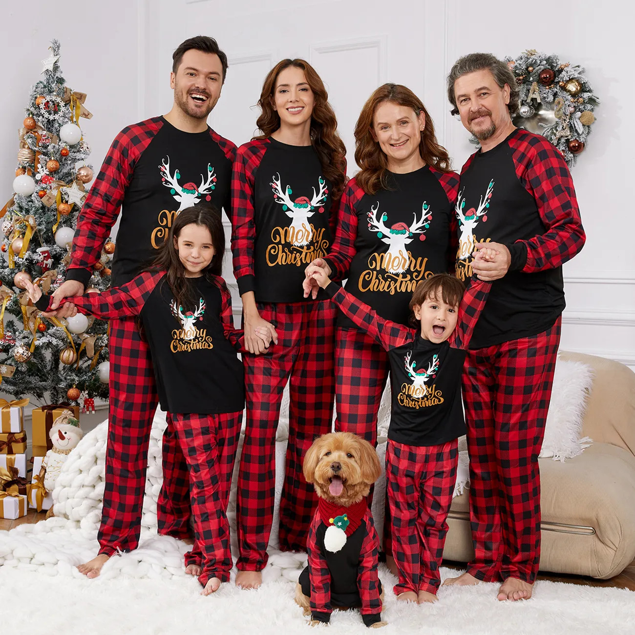 Merry Christmas Letter Antler Print Plaid Splice Matching Pajamas Sets for Family (Flame Resistan... | PatPat