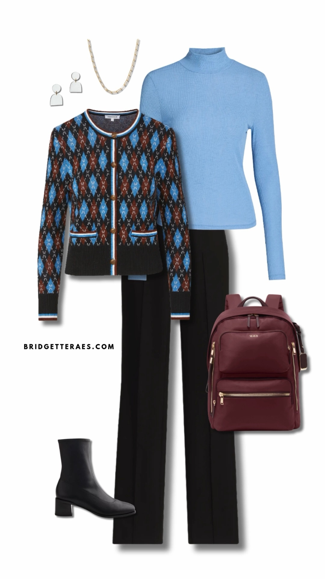 The vibrant sky blue turtleneck brings a bright, confident base that contrasts beautifully with the patterned cardigan, adding a touch of personality while still feeling professional. Tailored black trousers ground the look in sophistication, while sleek black ankle boots keep the silhouette sharp and modern. A structured burgundy backpack adds practicality without compromising style, and the geometric earrings and simple gold chain bring just the right amount of polish. Ideal for leading meetings or owning the room during presentations, this outfit says you’re here to be taken seriously.

#LTKootd #LTKWorkwear #LTKgrwm