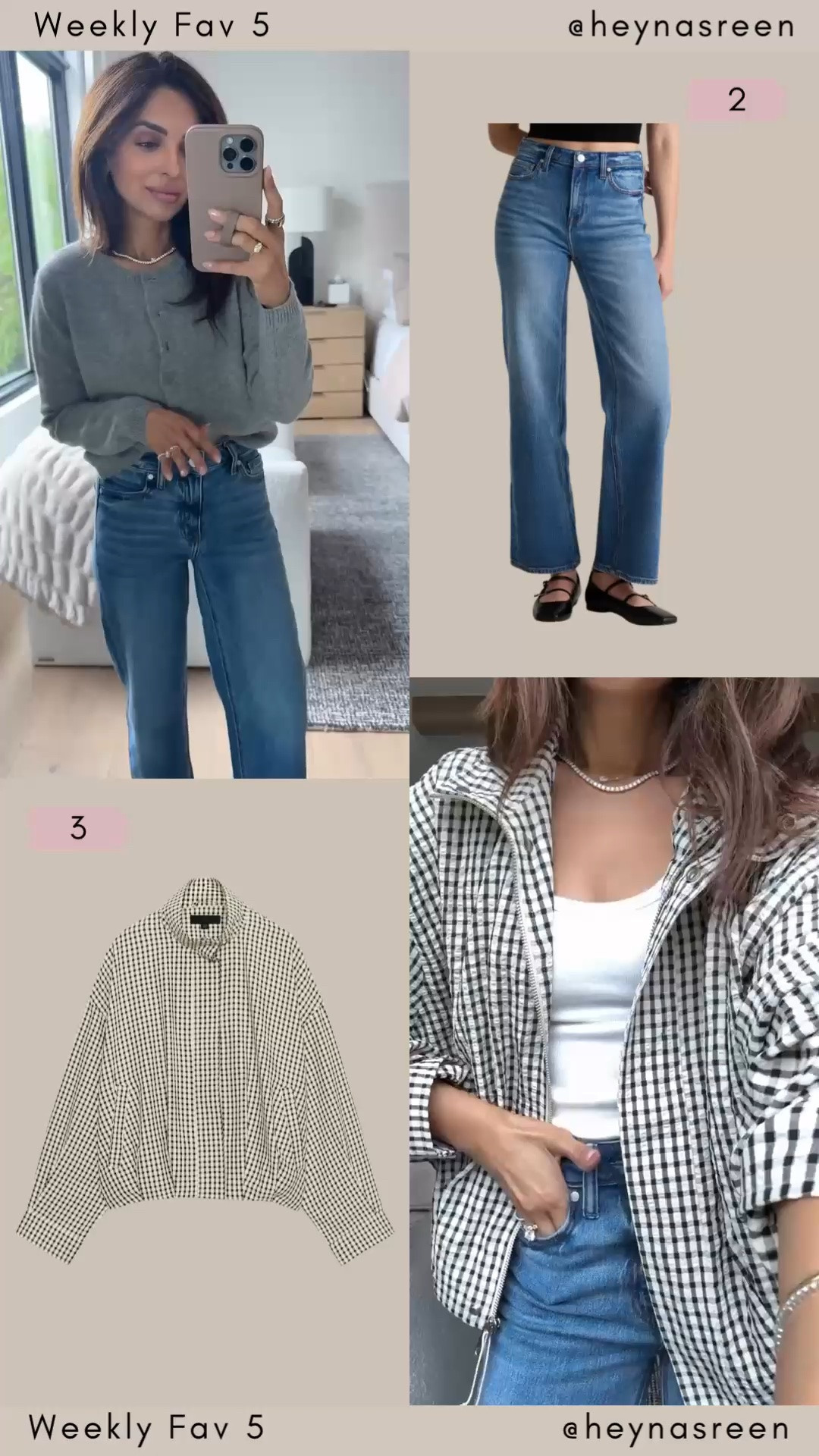 Fav 5:
#2: Quince jeans, they look designer but are so affordable! I’m wearing my true size 24 extra short. 
#3: Aritzia jacket, love the plaid for fall, I’m wearing my true size XS.