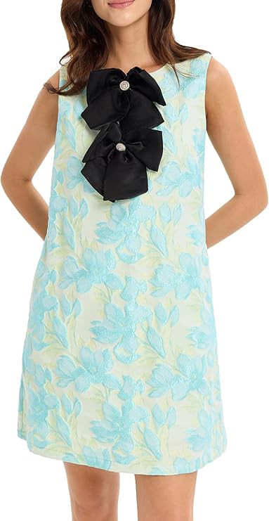 Ladyful Women's Floral Jacquard Mini Dress Sleeveless Detachable Bow Tie Elegant Cocktail Party S... | Amazon (US)