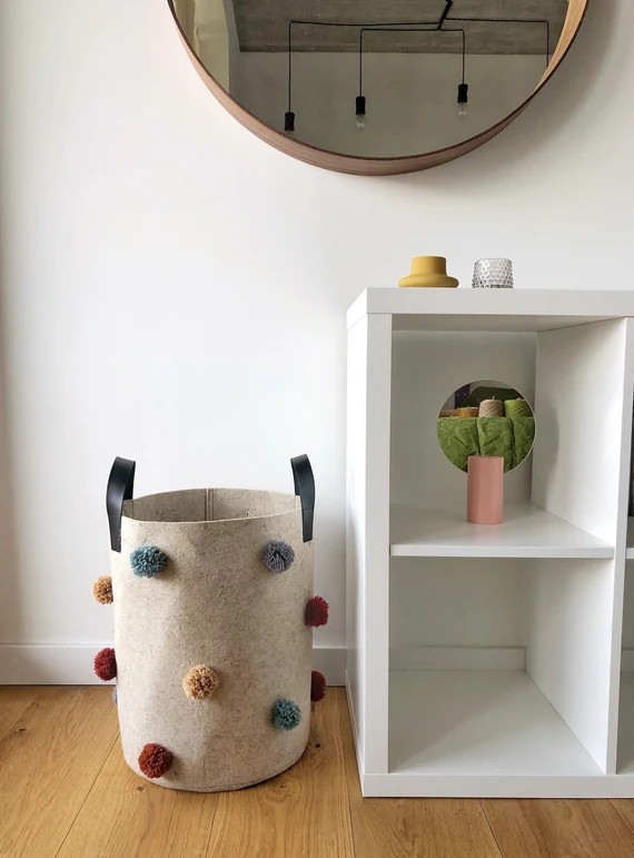High 19 inch felt basket. Round laundry hamper with black handles | Etsy (US)