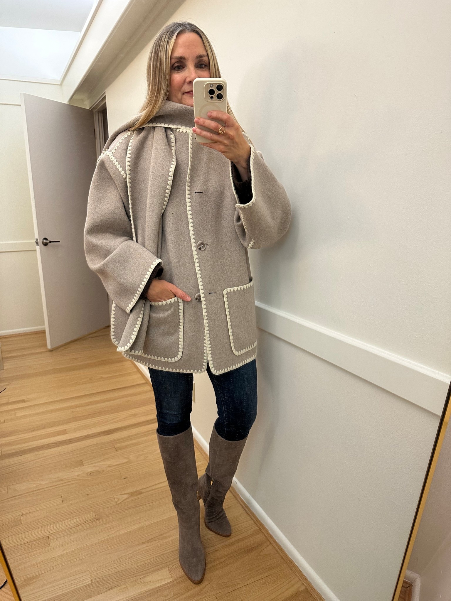 What I wore to Nate Bargatze comedy show! Quince scarf coat over a brown cashmere tunic sweater with skinny jeans and suede tall boots! 
Fall outfit, going out outfit

#LTKStyleTip #LTKOver40 #LTKWorkwear