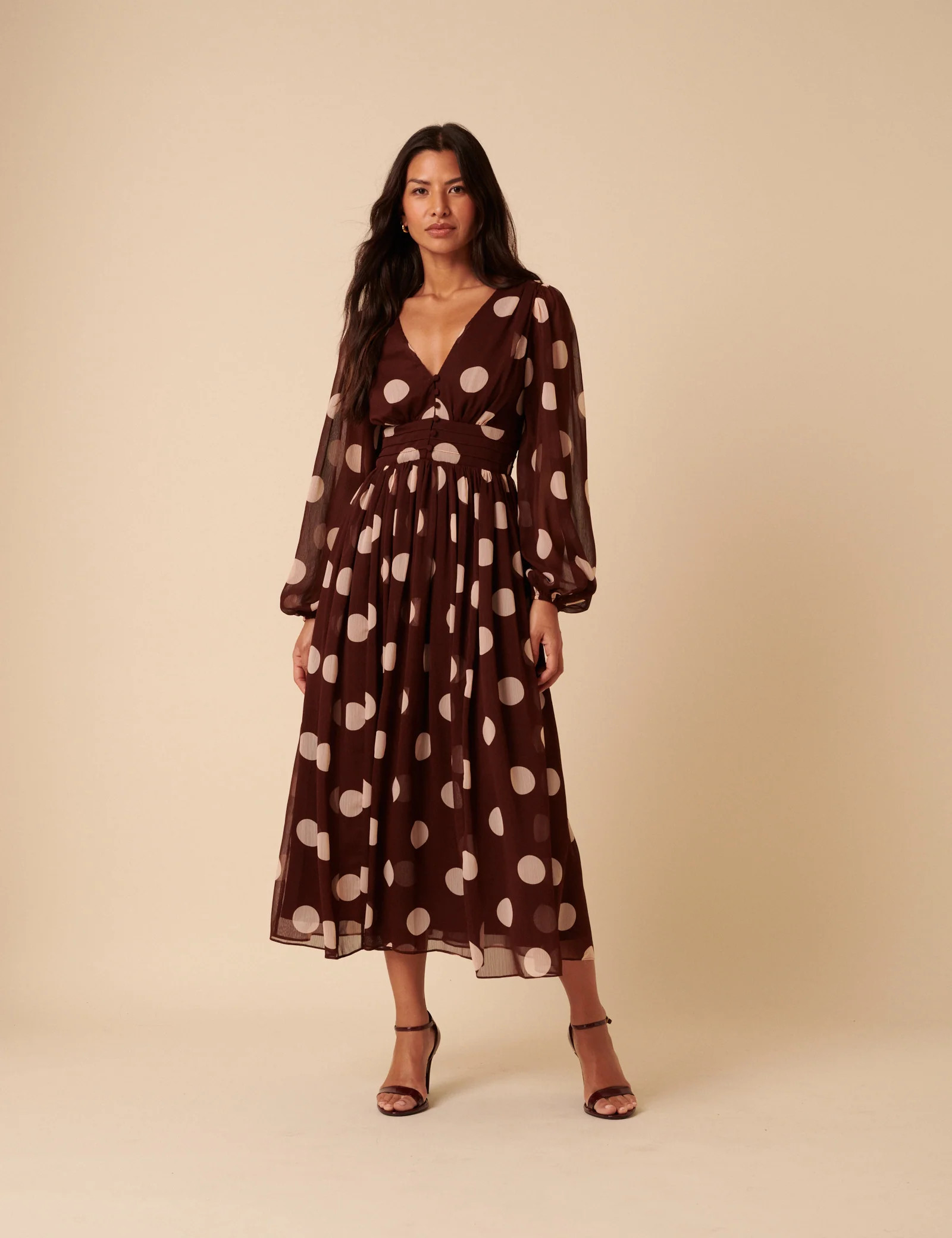 Brown Polka Dot Balloon Sleeve Anya Midi Dress | Nobody's Child