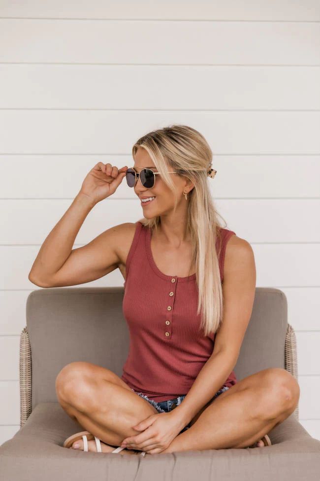 Grand Appreciation Brick Ribbed Henley Tank | The Pink Lily Boutique