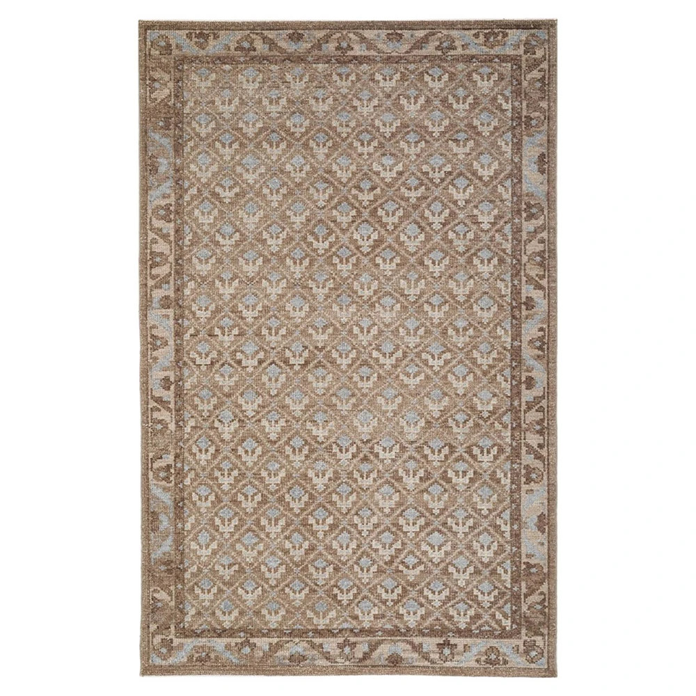 Gaia Brown Wool Floral Lattice Patterned Hand Knotted Rug - 5'x8' | Kathy Kuo Home