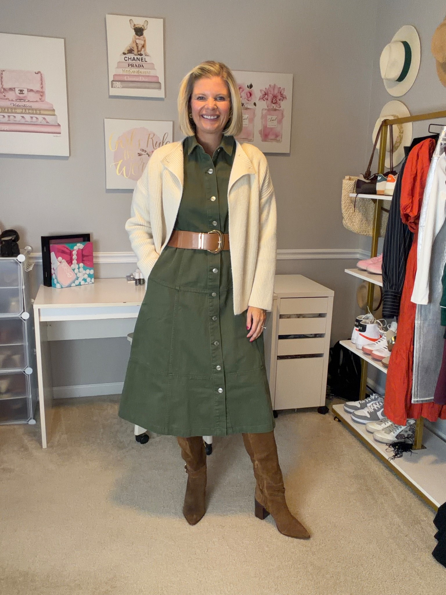 Olive green denim utility midi dress TTS
Chunky o white cardigan TTs
Brown suedes block heel boots TTS

#LTKgrwm #LTKWorkwear #LTKootd
