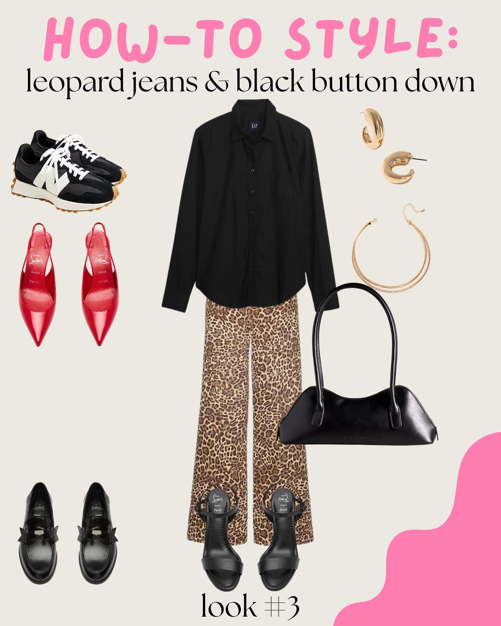 My how-to guide for styling leopard jeans and a black button down: look three. 3️⃣ 

To me, this look is polished, preppy and chic. It’s timeless, paired with hair in a bun or slick back, you can let your accessories be the star ⭐️ 

#LTKItBag #LTKShoeCrush #LTKWorkwear