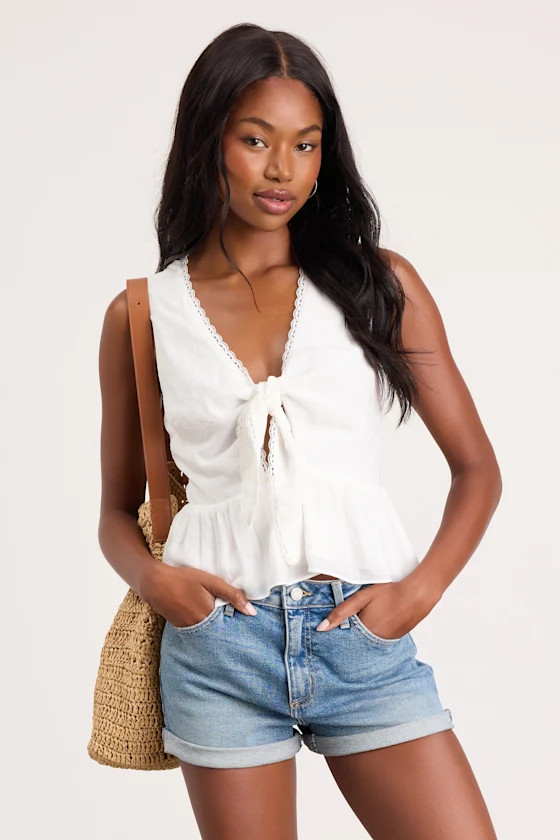 Admirable Cutie White Tie-Front Ruffled Sleeveless Top | Lulus