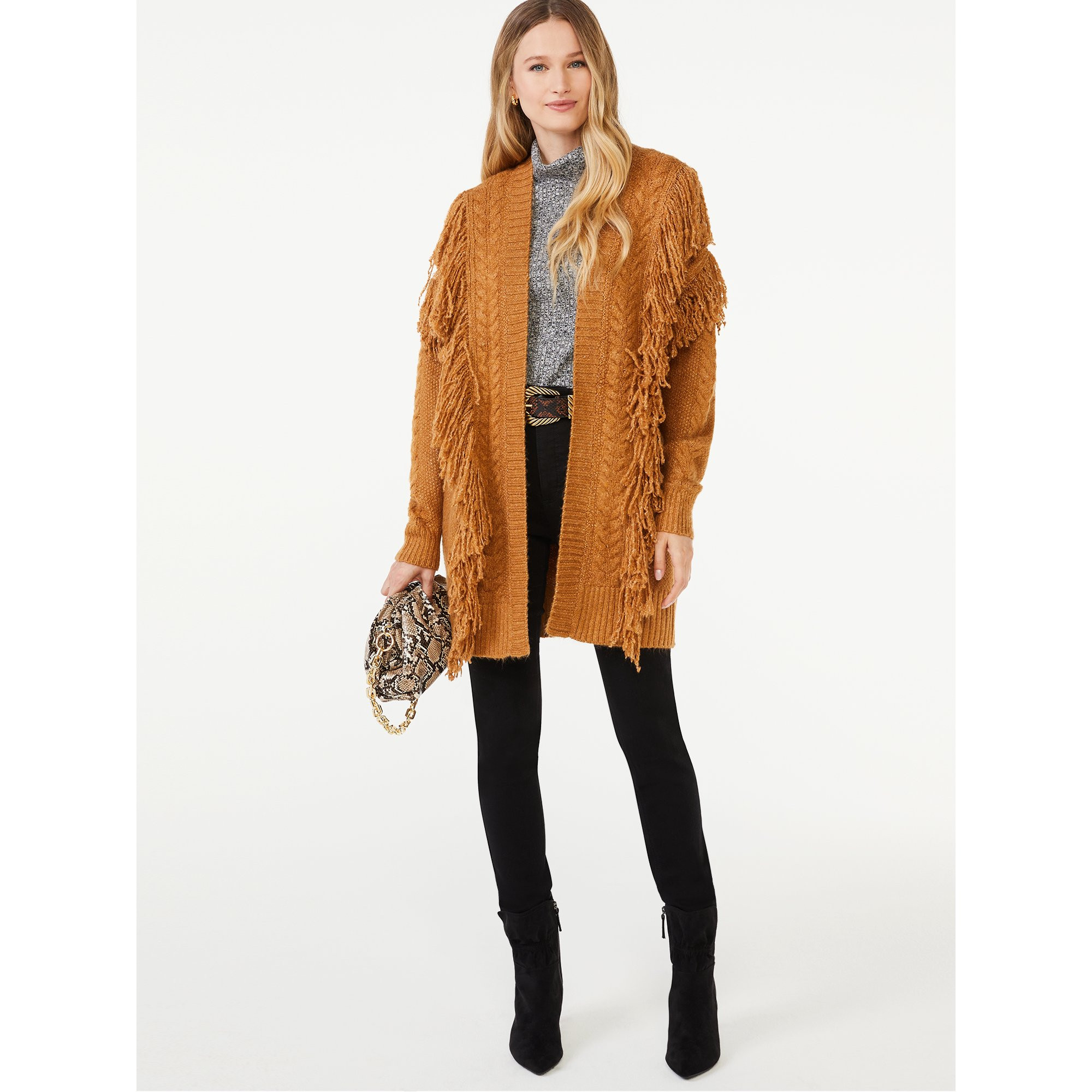 Scoop - Scoop Women's Fringe Cardigan Sweater with Belt - Walmart.com | Walmart (US)
