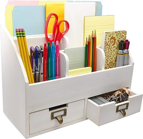 Excello Global Products White Wood Office Desk Organizer: Includes 6 Compartments and 2 Drawers t... | Amazon (US)