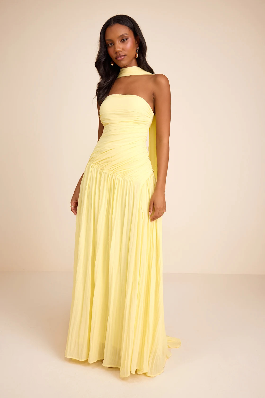 Nellie Light Yellow Pleated Maxi Dress and Scarf Set | Lulus