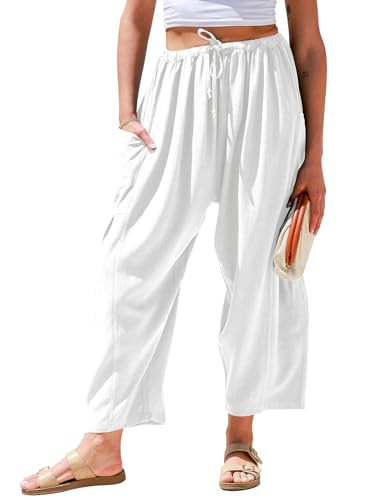 TARSE Womens Linen Wide Leg Pants Casual Loose Drawstring Summer Beach Travel Vacation Palazzo Ha... | Amazon (US)