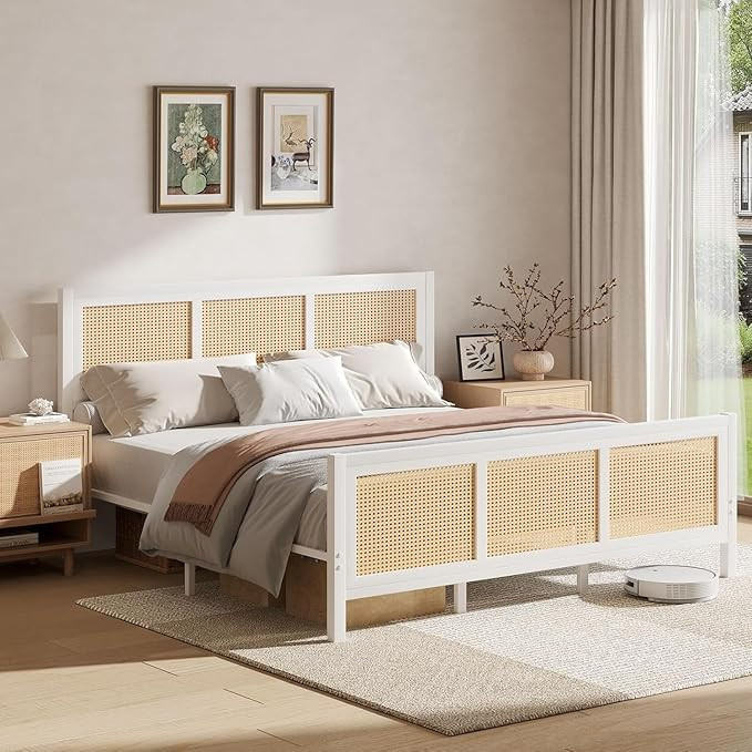 Rattan Bed Frame, Boho King Bed Frame and Headboard, Metal Platform King Size Bed Frames with Str... | Amazon (US)