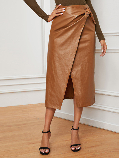 SHEIN Knot Side Wrap PU Leather Skirt | SHEIN